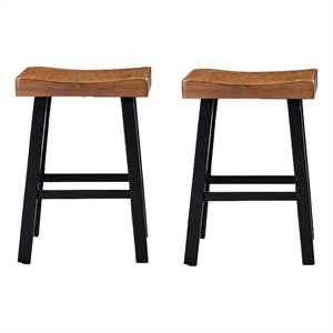 Bianca Counter Stool Set of 2- Light Brown Saddle Seat- Black Solid Wood