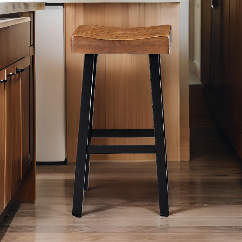 Bianca Barstool Set of 2- Light Brown Saddle Seat- Black Solid Wood