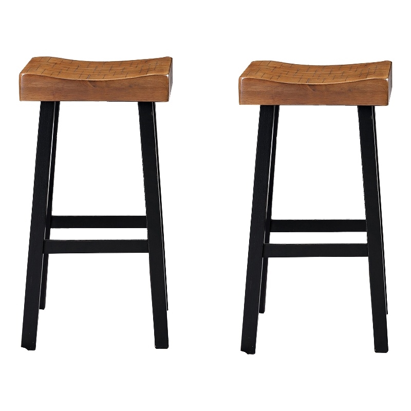 Bianca Barstool Set of 2- Light Brown Saddle Seat- Black Solid Wood