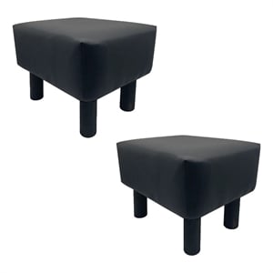Ginni Footstool Ottoman Set of 2- Black Faux Leather- Soft Seat- Wood Legs