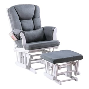 Noni Glider Manual Recliner Chair w Square Ottoman- White Wood- Gray