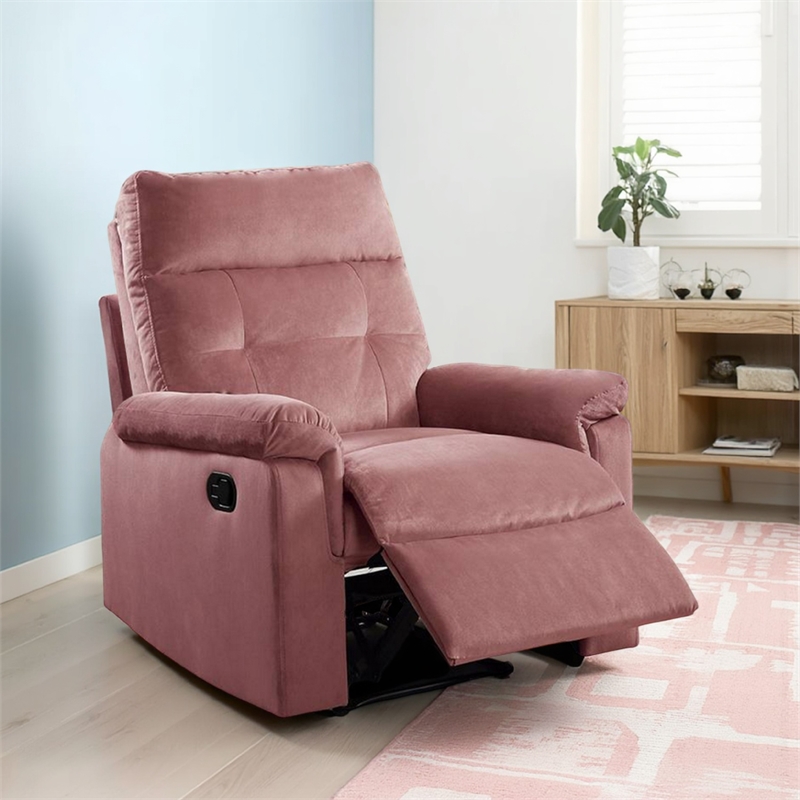 Jessy Manual Recliner Chair- Tufted Cushioned Rose Pink Velvet