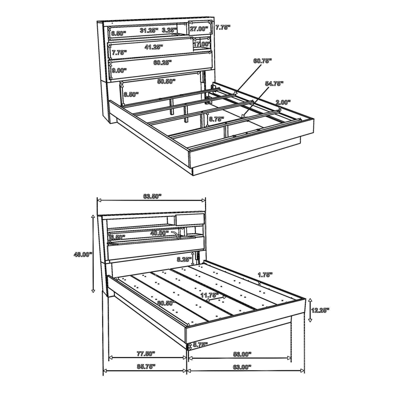 Fene Queen Size Bed- Bookcase Headboard- Wood Gray- Hidden Storage