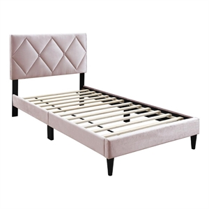 Lilian Twin Bed- Tufted Light Pink Velvet Upholstery- Diamond Stitch