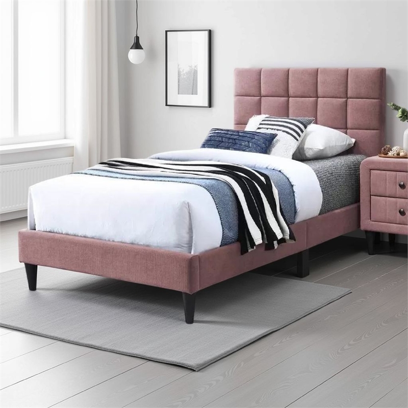 Lilian Twin Bed- Tufted Pink Linen Upholstery- Biscuit Tufted Stitch