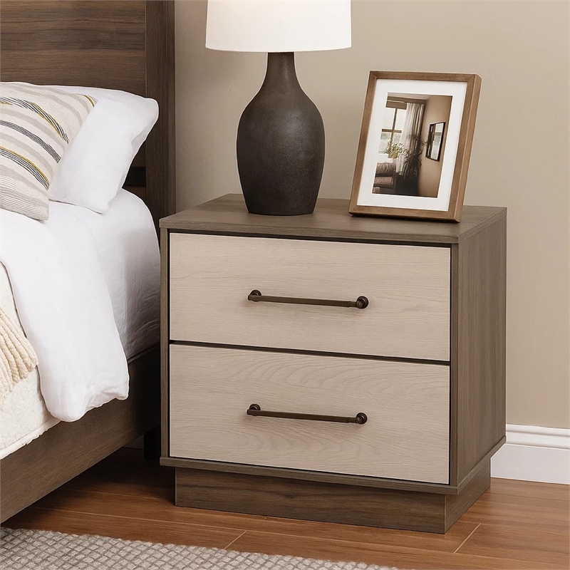 Fene Nightstand- 2 Storage Drawers with Nickel Handles- 24 Inch Gray