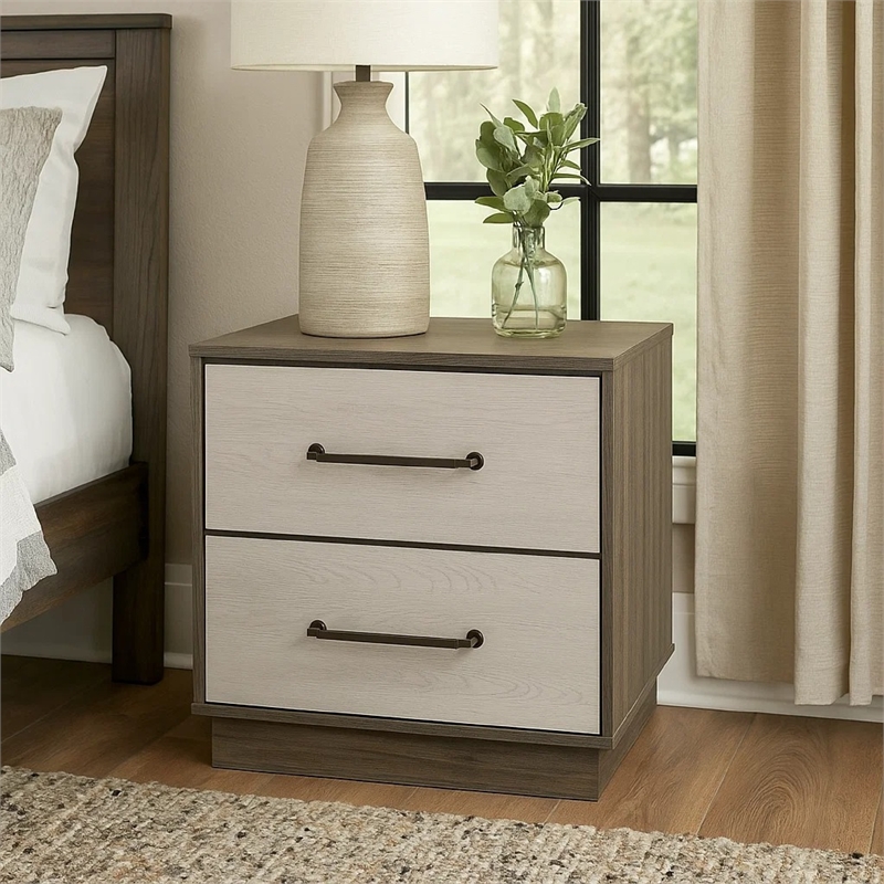Fene Nightstand- 2 Storage Drawers with Nickel Handles- 24 Inch Gray