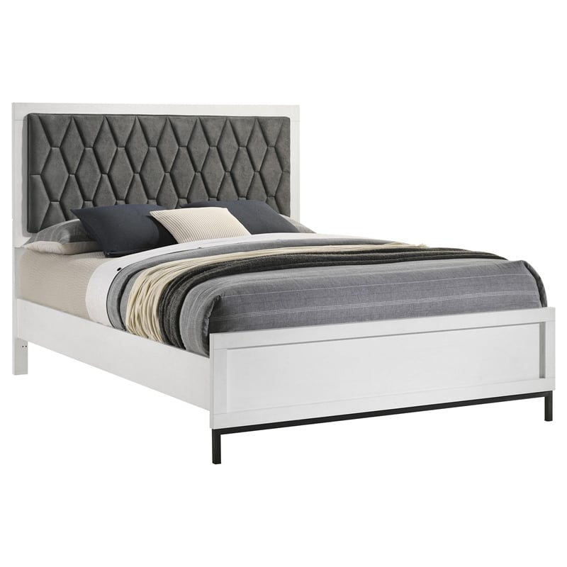 Noro Queen Size Bed- White Melamine- Hexagonal Tufted Upholstery