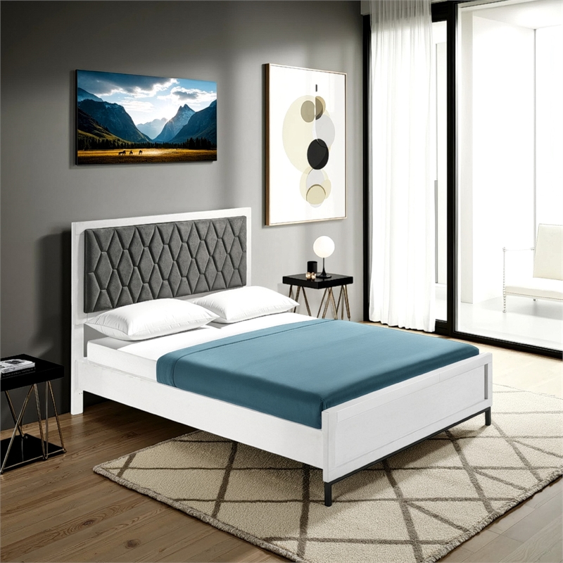 Noro Queen Size Bed- White Melamine- Hexagonal Tufted Upholstery