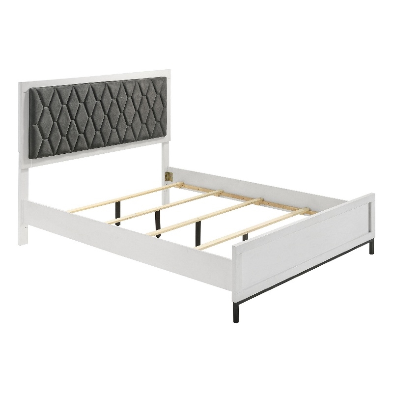 Noro Queen Size Bed- White Melamine- Hexagonal Tufted Upholstery