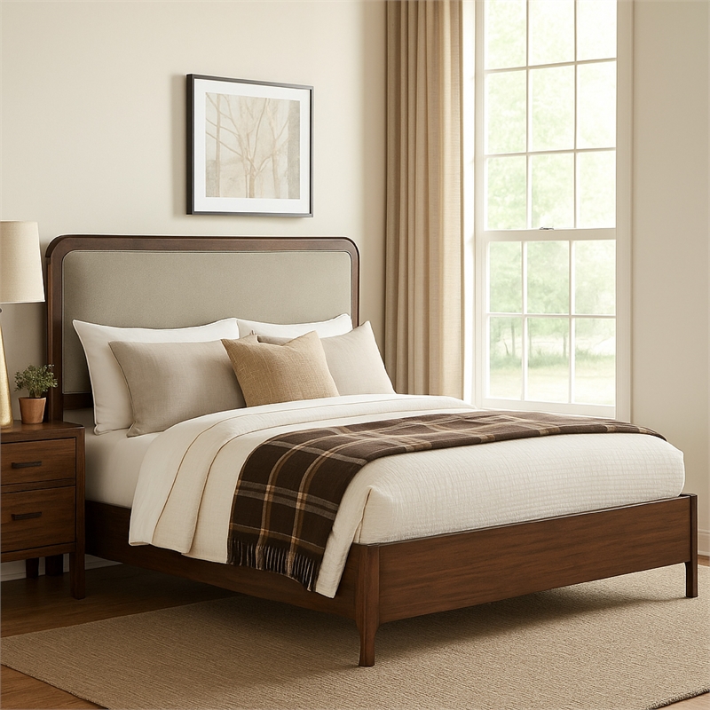 Rie Queen Bed- Taupe Gray Upholstered Headboard- Walnut Brown Wood