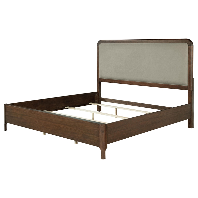 Rie Queen Bed- Taupe Gray Upholstered Headboard- Walnut Brown Wood