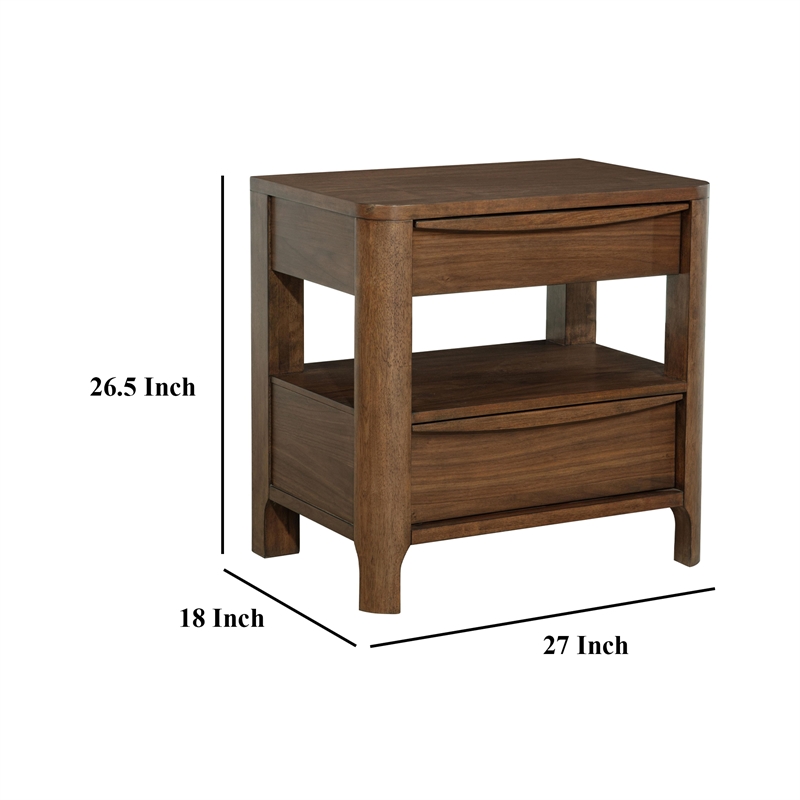Rie Nightstand w 2 Drawers and Lower Shelf- Walnut Brown Poplar Wood