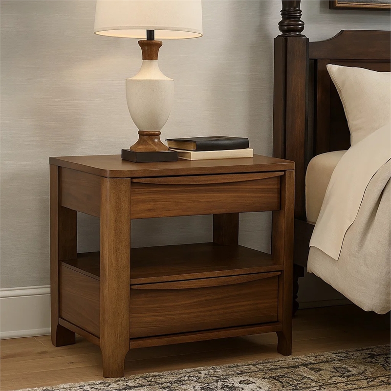 Rie Nightstand w 2 Drawers and Lower Shelf- Walnut Brown Poplar Wood