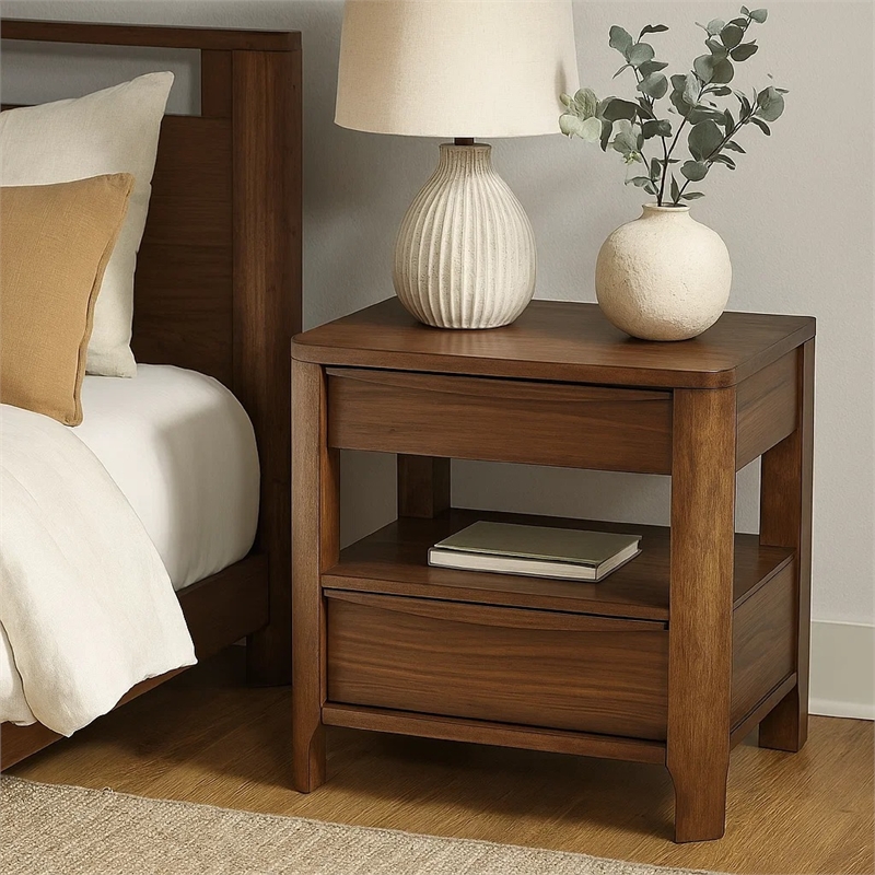 Rie Nightstand w 2 Drawers and Lower Shelf- Walnut Brown Poplar Wood