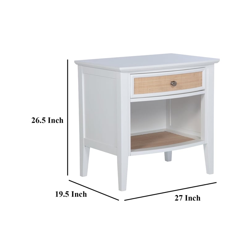 Heo Nightstand- 1 Brown Rattan Woven Drawer- Open Shelf- White Wood