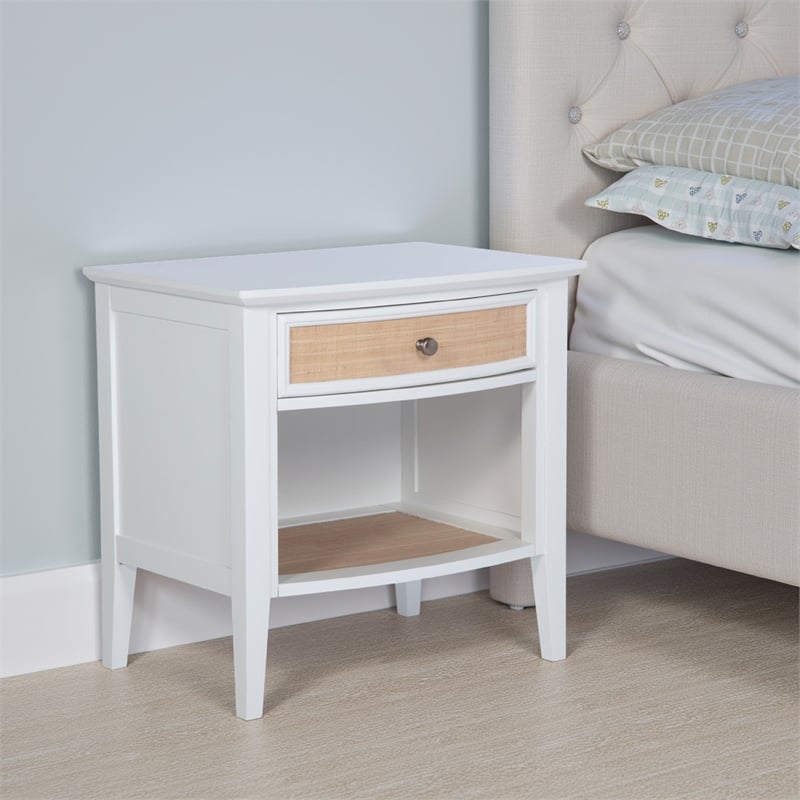 Heo Nightstand- 1 Brown Rattan Woven Drawer- Open Shelf- White Wood