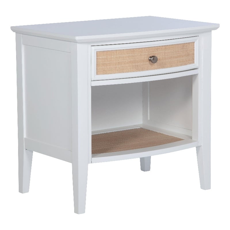 Heo Nightstand- 1 Brown Rattan Woven Drawer- Open Shelf- White Wood