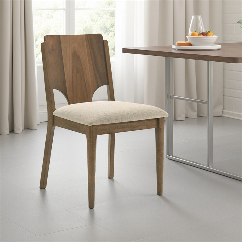 Billie Dining Chair Set of 2- Beige Fabric Seat- Brown Hardwood Frame