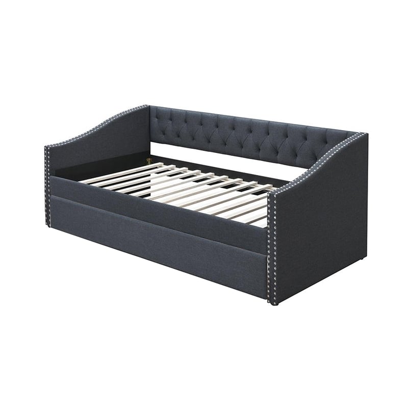 Daybed Sofa w Slats n Trundle Bed- Nailhead Trim- Charcoal Gray Fabric