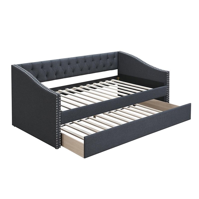 Daybed Sofa w Slats n Trundle Bed- Nailhead Trim- Charcoal Gray Fabric