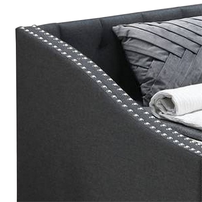 Daybed Sofa w Slats n Trundle Bed- Nailhead Trim- Charcoal Gray Fabric