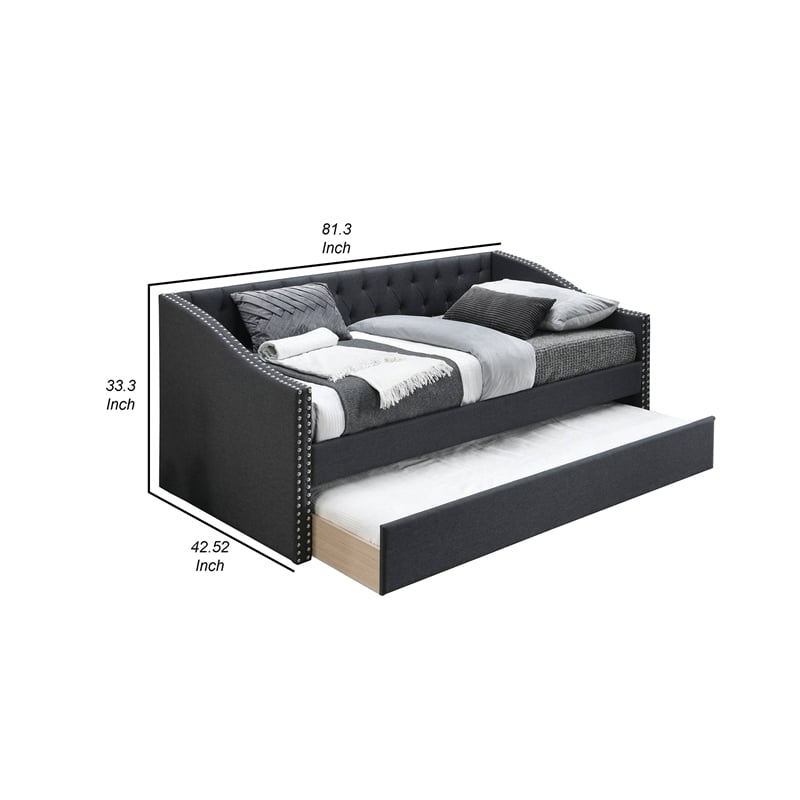 Daybed Sofa w Slats n Trundle Bed- Nailhead Trim- Charcoal Gray Fabric
