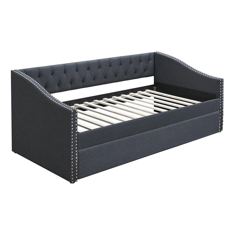 Daybed Sofa w Slats n Trundle Bed- Nailhead Trim- Charcoal Gray Fabric