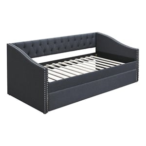 Daybed Sofa w Slats n Trundle Bed- Nailhead Trim- Charcoal Gray Fabric
