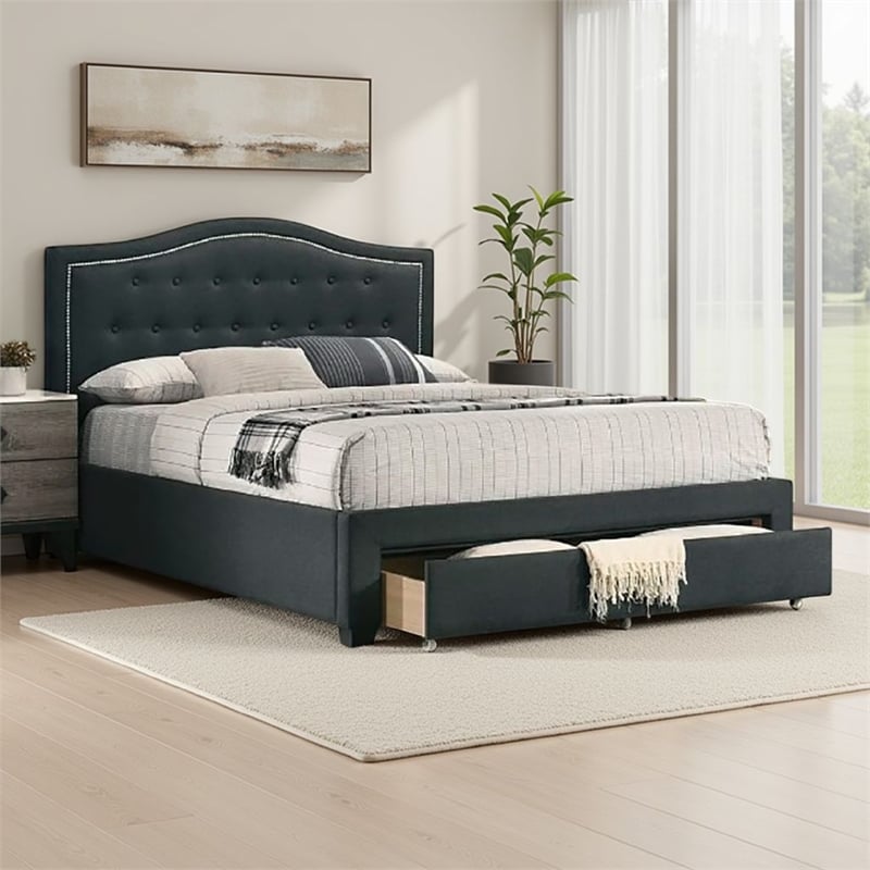 Sey Full Size Bed w Storage Drawers- Dark Gray Upholstered Headboard