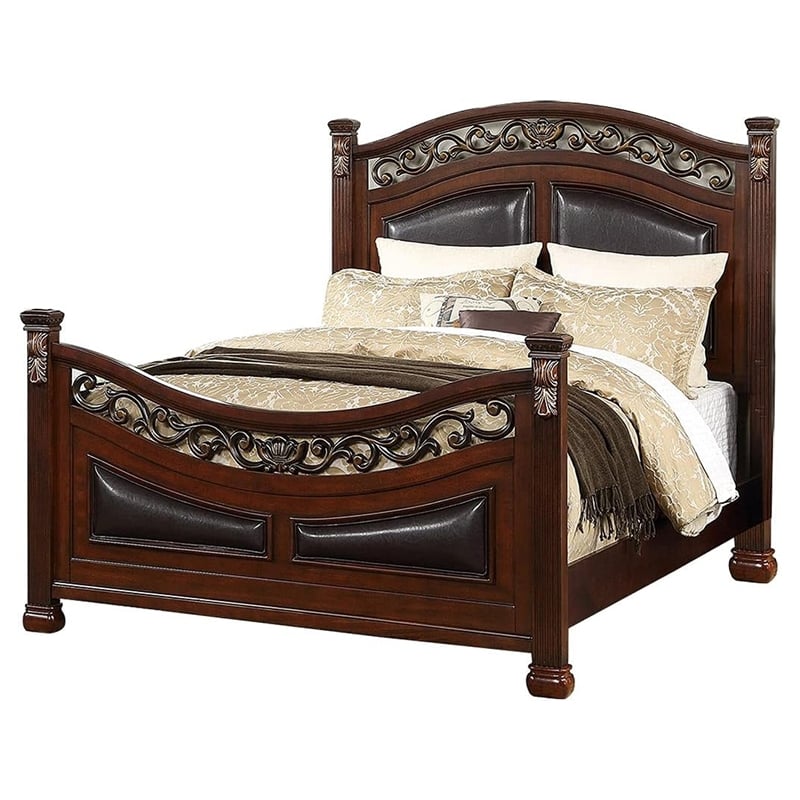 Meo Queen Size Bed- Padded Carved Dark Brown Faux Leather Upholstered