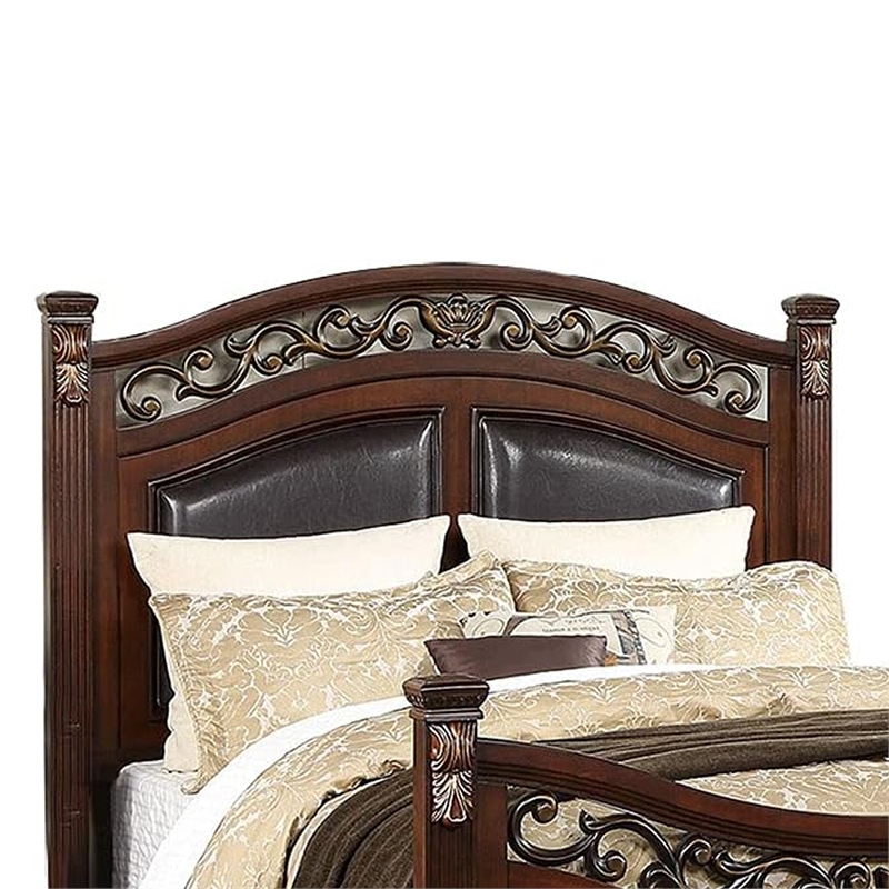 Meo Queen Size Bed- Padded Carved Dark Brown Faux Leather Upholstered