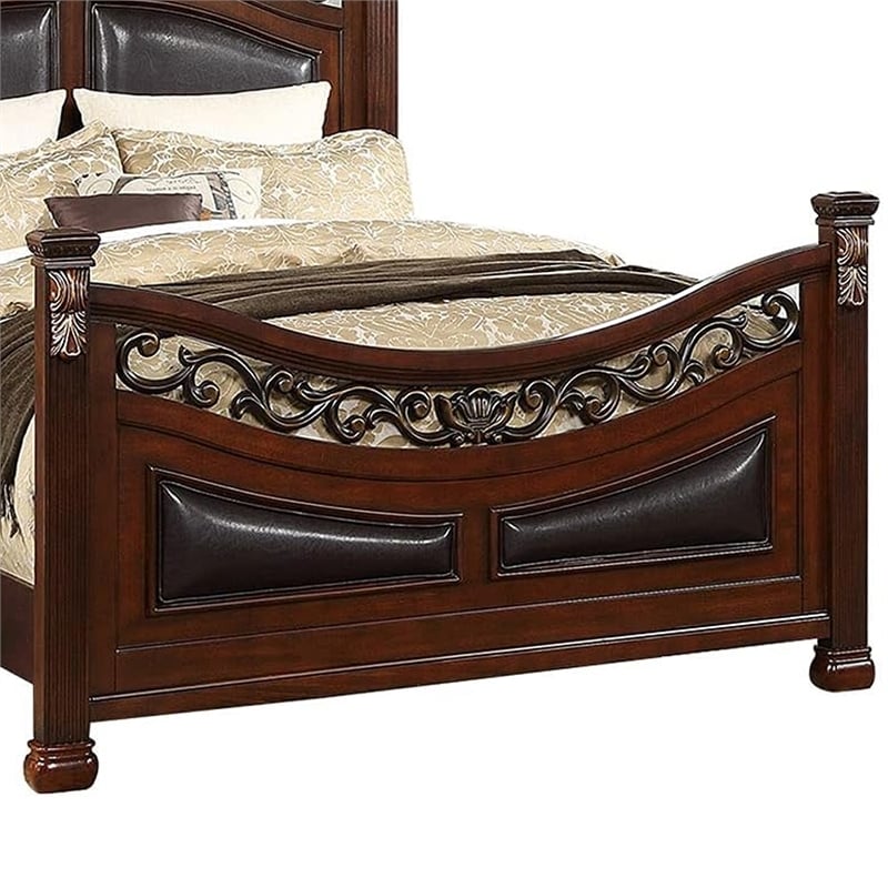 Meo Queen Size Bed- Padded Carved Dark Brown Faux Leather Upholstered