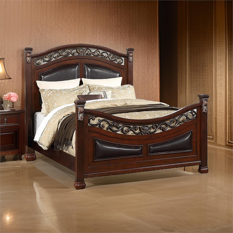 Meo Queen Size Bed- Padded Carved Dark Brown Faux Leather Upholstered