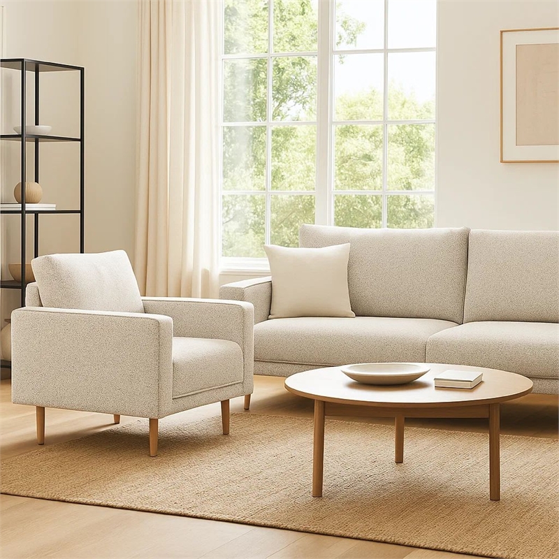 Remy Accent Chair- Bench Seat w Track Arms- Plush Off White Boucle