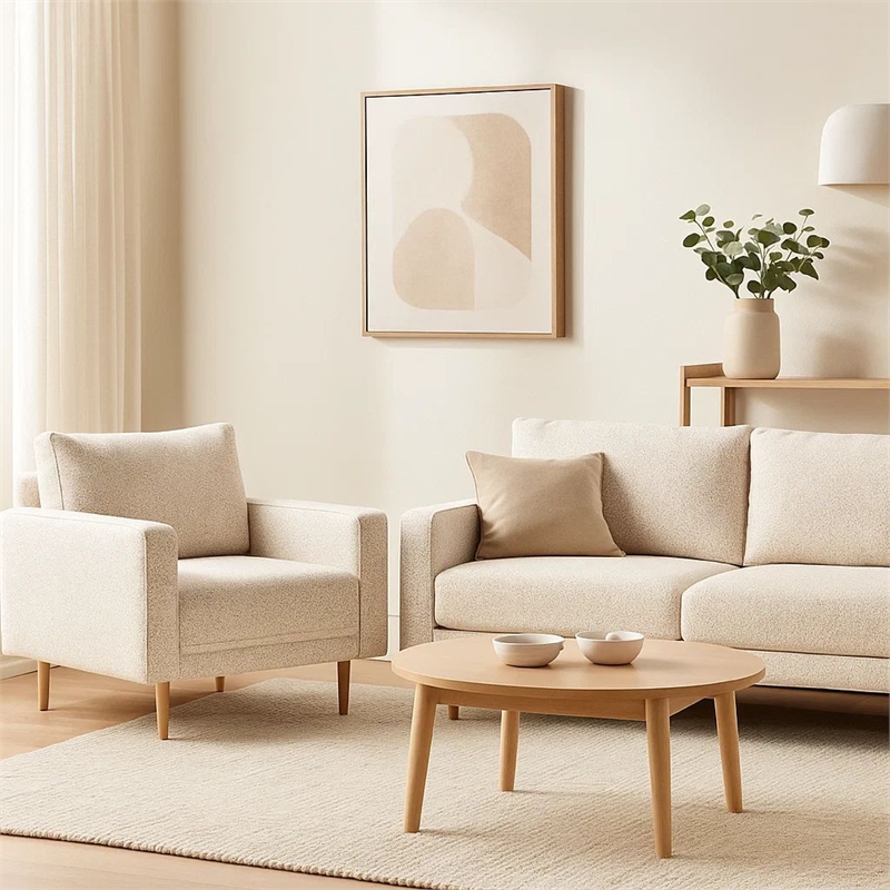 Remy Accent Chair- Bench Seat w Track Arms- Plush Off White Boucle