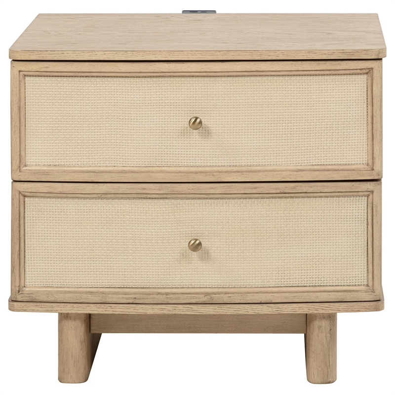 Lno Nightstand- 2 Cane Accent Drawers w Brass Knobs- USB- Oak Beige