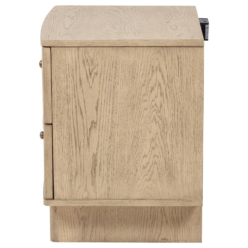 Lno Nightstand- 2 Cane Accent Drawers w Brass Knobs- USB- Oak Beige