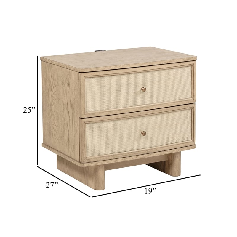 Lno Nightstand- 2 Cane Accent Drawers w Brass Knobs- USB- Oak Beige