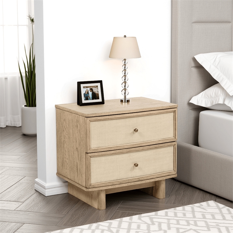 Lno Nightstand- 2 Cane Accent Drawers w Brass Knobs- USB- Oak Beige