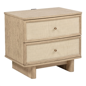 Lno Nightstand- 2 Cane Accent Drawers w Brass Knobs- USB- Oak Beige
