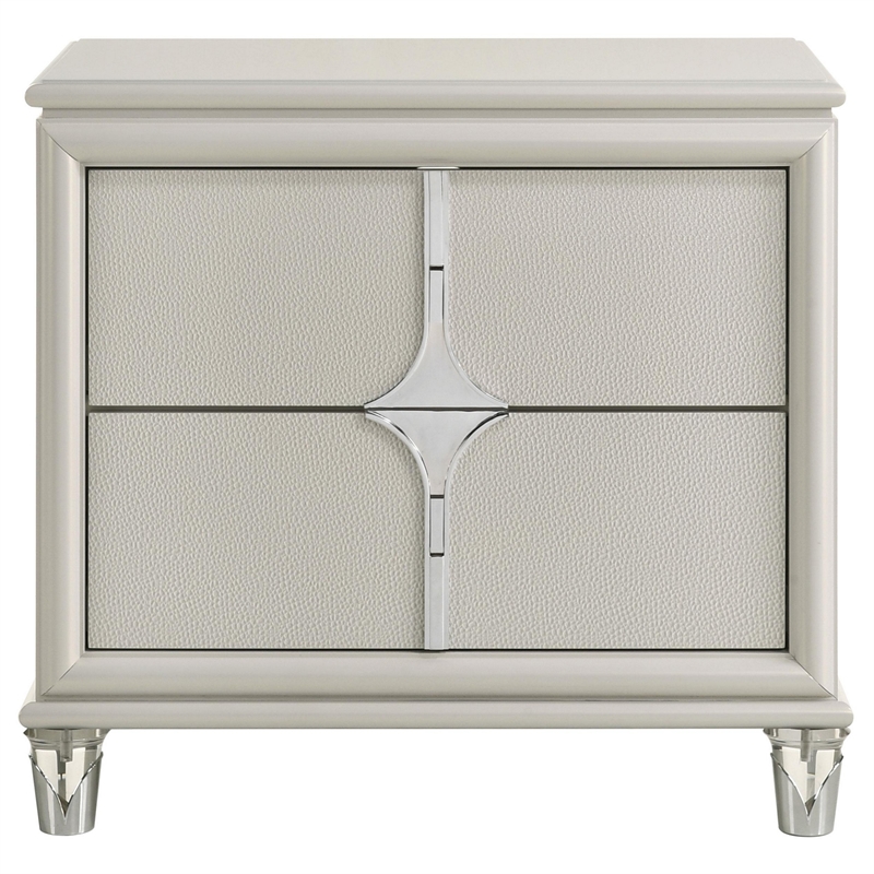 Ory Nightstand w 2 Drawers- Chrome Star Handle- Pearl Ivory Wood