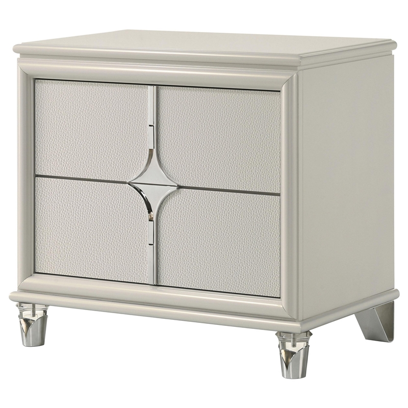 Ory Nightstand w 2 Drawers- Chrome Star Handle- Pearl Ivory Wood
