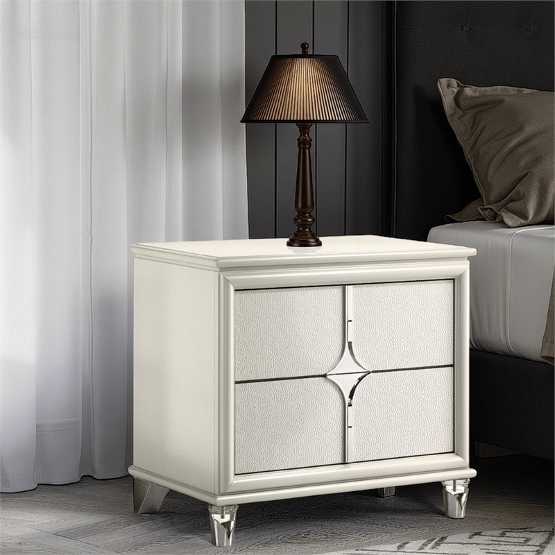 Ory Nightstand w 2 Drawers- Chrome Star Handle- Pearl Ivory Wood