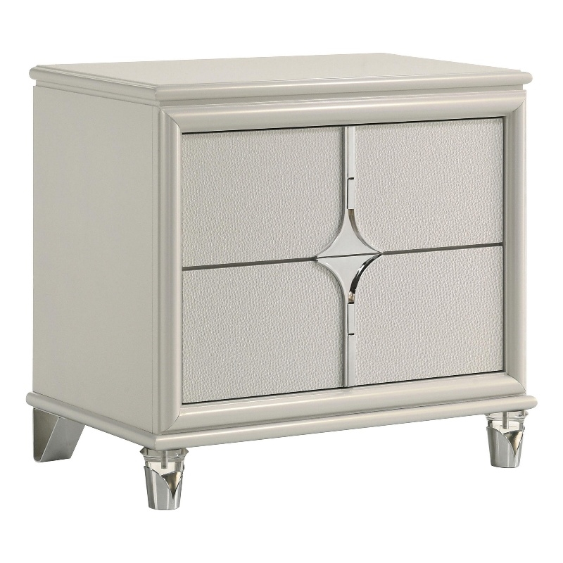 Ory Nightstand w 2 Drawers- Chrome Star Handle- Pearl Ivory Wood