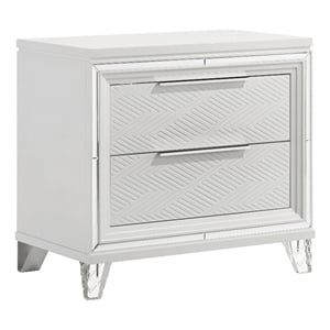 Mory Nightstand- 2 Drawers- Embossed Herringbone Pattern White- Chrome