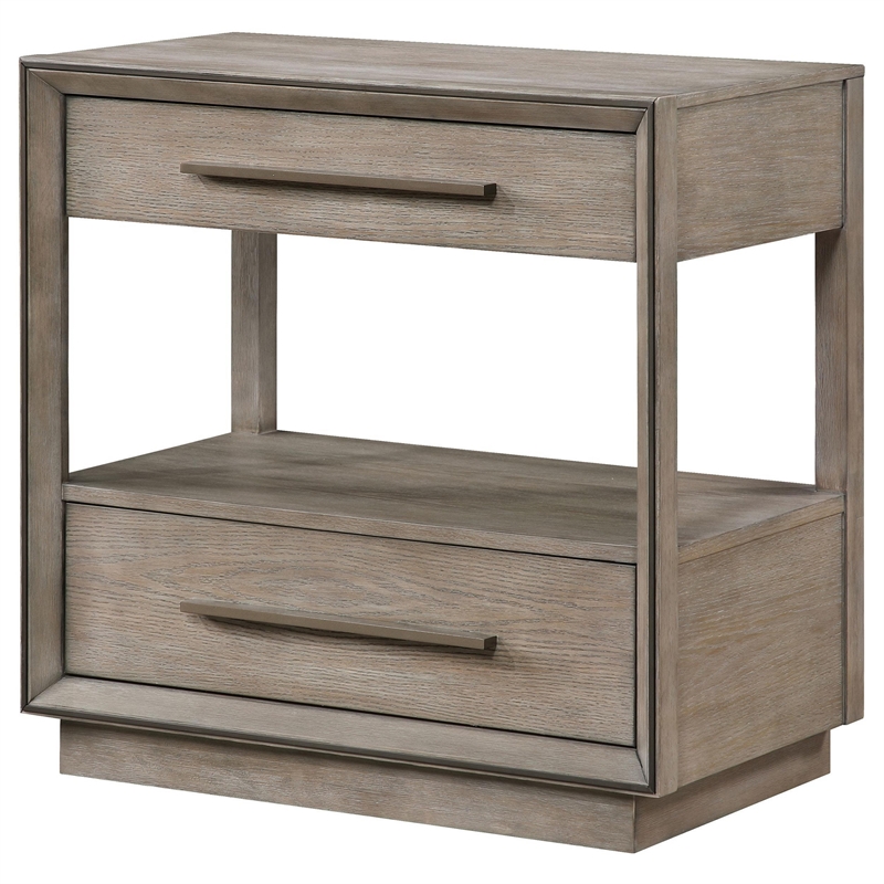 Lyni Nightstand- 2 Storage Drawers- Open Shelf- Washed Oak Brown
