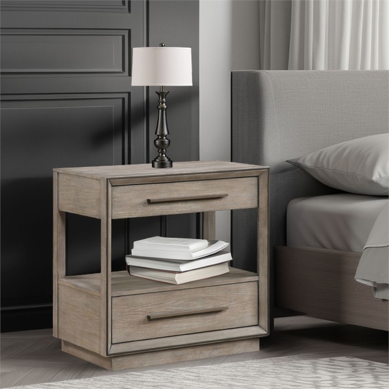 Lyni Nightstand- 2 Storage Drawers- Open Shelf- Washed Oak Brown