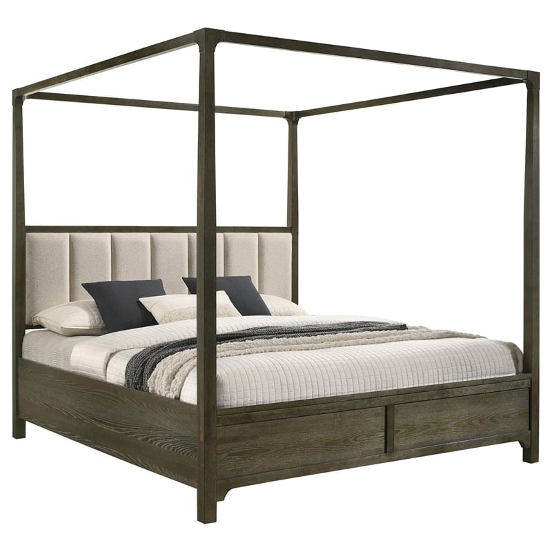 Seon Queen Canopy Bed w 4 Posters- Ivory Upholstery- Dark Cocoa Brown