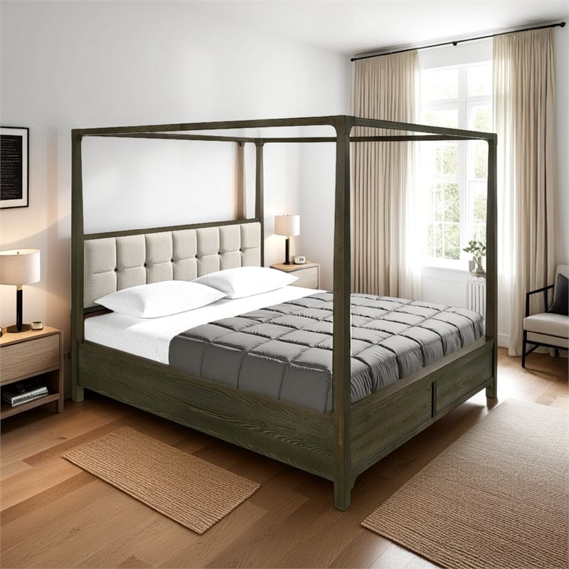 Seon California King Bed- 4 Posters- Ivory Upholstery Dark Cocoa Brown